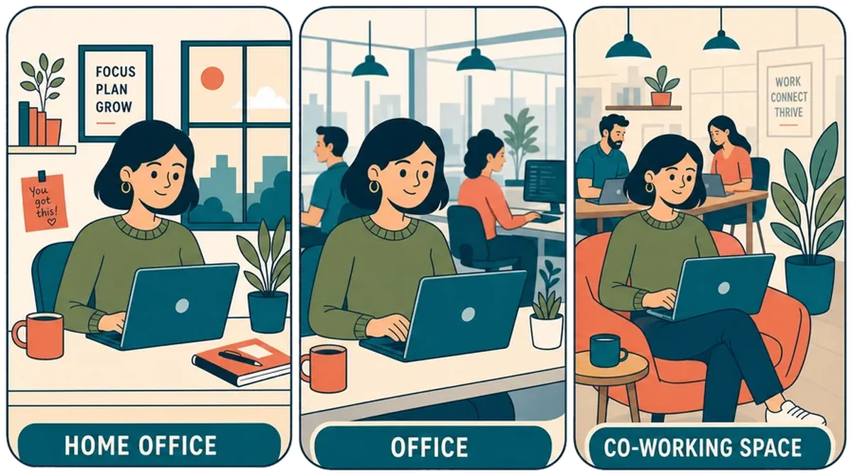 Illustration: eine Frau arbeitet an ihrem Laptop - nacheinander im Home Office, im Büro und im Coworking Space