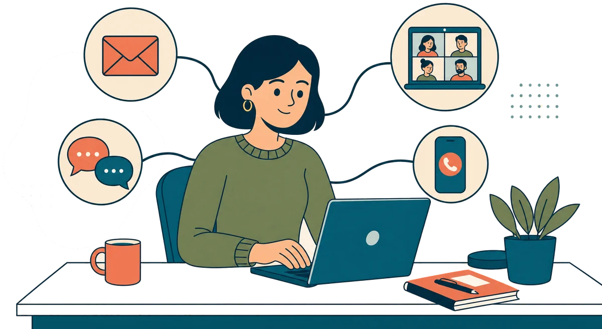 Illustration: eine Frau arbeitet am Laptop, umgeben von Symbolen für E-Mail, Chat, Videocall und Anruf