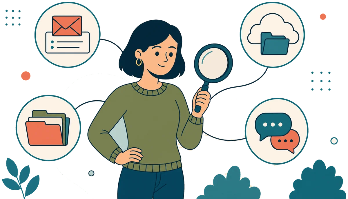 Illustration: eine Frau mit einer Lupe, umgeben von Symbolen für Ordner, Cloud und Chat