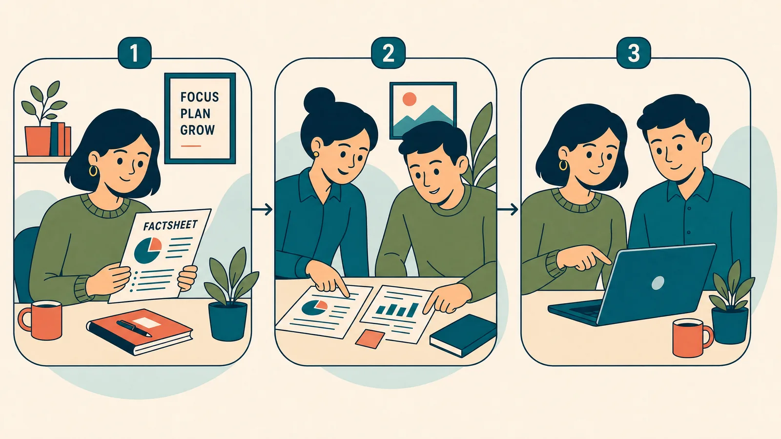 Illustration in drei Schritten: Ein Factsheet mit Fakten in der Hand, gemeinsame Sichtung von Zertifizierungs- und Auswertungsunterlagen, gemeinsamer Blick auf die Prüfung am Laptop.