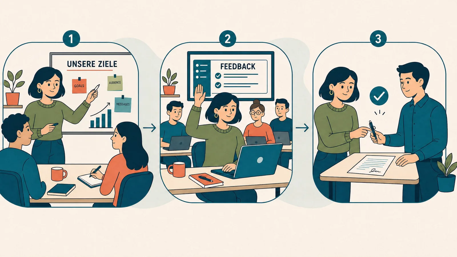 Illustration in drei Schritten: Eine Person erläutert am Whiteboard die gemeinsamen Ziele, Kolleginnen und Kollegen geben im Workshop per Handzeichen Feedback, zwei Personen besiegeln die gemeinsame Vereinbarung per Unterschrift und Handschlag.